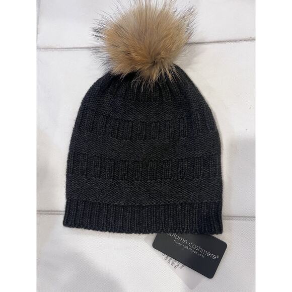 Autumn Cashmere Textured Hat with Raccoon Pom Pom Gray Cashmere Blend - Picture 1 of 6
